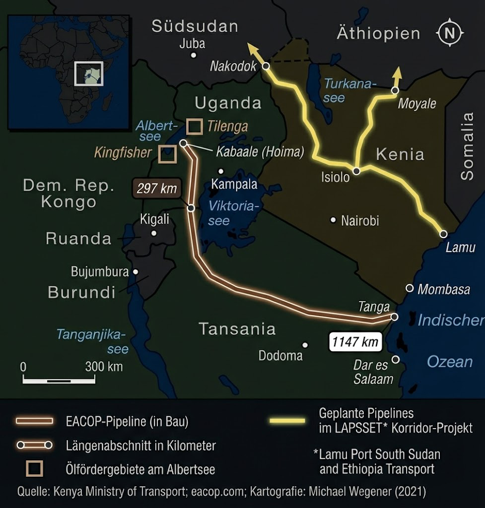 Thematische Karte von Ostafrika im Dark Mode, die den Verlauf der EACOP-Pipeline von den Ölfördergebieten am Albertsee in Uganda bis zum Hafen Tanga in Tansania sowie geplante Pipelines des LAPSSET-Korridor-Projekts in Kenia, Äthiopien und dem Südsudan zeigt.